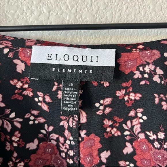 Eloquii Elements Black Burgundy Floral Long Sleeve V Neck Peplum Top- Size 16 - Picture 8 of 11